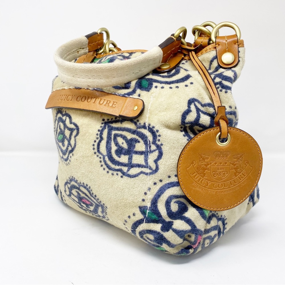 Juicy Couture Cream Patterned Terry Cloth Y2K Hobo Bag Purse with Leather Trim - Picture 2 of 8